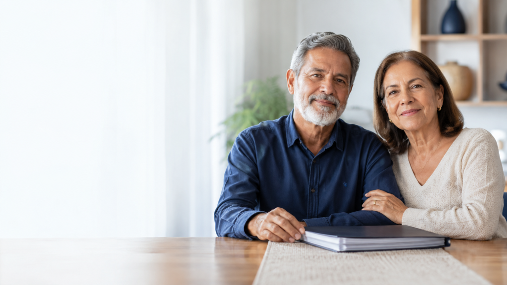Casal aposentado com documentos organizados apos concessao de aposentadoria